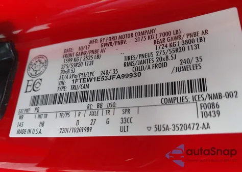 2018 Ford F-150 Lariat из США, поврежденный, VIN 1FTEW1E53JFA99930